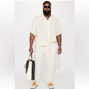 Fashion Nova Men Solid Textured Linen Button Up Shirt - Cream